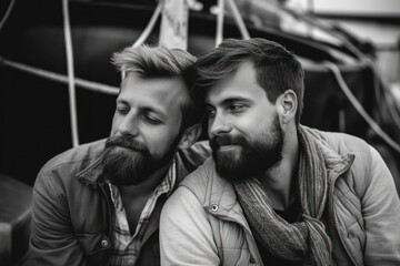 Gay male couple in loving embrace, generative ai