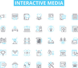 Interactive media linear icons set. Engagement, Digital, Multimedia, Interactive, Games, Animation, Virtual line vector and concept signs. Augmented,User-friendly,Interface outline illustrations