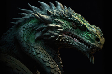 Illustration of green wooden dragon head isolated on black background. Symbol of 2024. Chinese New Year. Dragon image. High definition. Generative AI, human enhanced