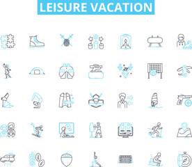 Leisure vacation linear icons set. Relaxation, Adventure, Fun, Exploration, Rejuvenation, Nature, Tranquility line vector and concept signs. Serenity,Escape,Sun outline illustrations