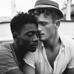 Biracial gay couple in loving embrace, generative Ai