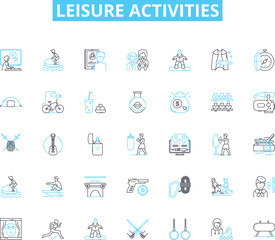 Leisure activities linear icons set. Hiking, Camping, Swimming, Biking, Surfing, Skiing, Fishing line vector and concept signs. Hunting,Reading,Writing outline illustrations