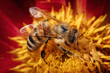 Macro of an European Honey Bee (Apis Mellifera) feeding and pollinating on a red and yellow dahlia flower. Long Island, New York, USA