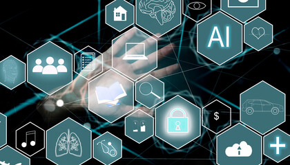 Human and technology concept. AI (Artificial Intelligence). Communication network.