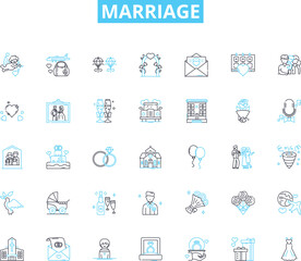 Marriage linear icons set. Vows, Commitment, Partnership, Love, Ceremony, Ring, Unity line vector and concept signs. Bliss,Bond,Forever outline illustrations
