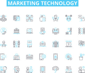 Marketing technology linear icons set. Analytics, Automation, Chatbot, Content, Conversion, CRM, Data line vector and concept signs. Digital,Email,Engagement outline illustrations