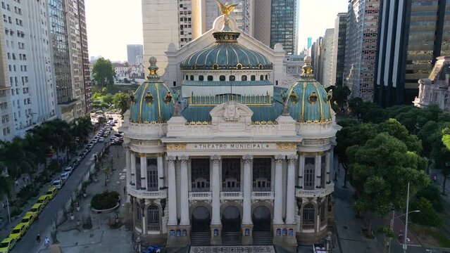 Aerial View of Municipal Theater in Rio de Janeiro City Downtown