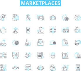 Marketplaces linear icons set. E-commerce, Auctions, Bidding, Trading, Online, Retail, Wholesale line vector and concept signs. Platform,Marketplace,Shopping outline illustrations