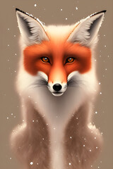 Fototapeta premium portrait of a red fox in winter on a light background, snow on wool, generative ai