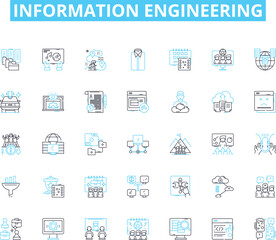 Information engineering linear icons set. Database, Big data, Analytics, Coding, Algorithm, Information, Integration line vector and concept signs. Design,Modeling,Security outline illustrations