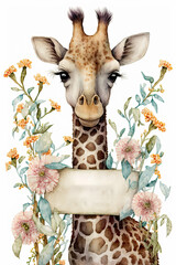 Giraffe holding a sign surrounded by flowers Isolated white background  Generative AI
