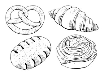 Graphic drawing of fresh baked goods. Set for printing on the packaging of bakery products, bakeries, restaurants, website design, kitchen design printing.