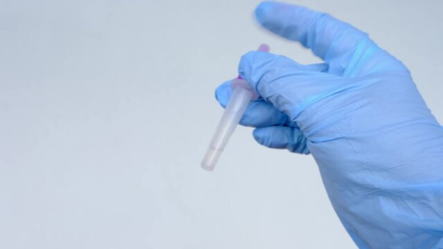 closeup female hands, assistant makes express test in medical scientific laboratory, stirs sample of genetic sample, concept of determining ethnic origin, paternity, covid-19 infection