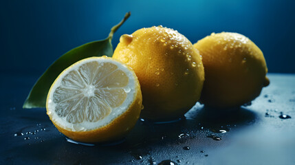 Close up lemons with drops on a blue background. Generative AI.