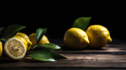 Lemons with leaves on a wooden table with dark background. Generative AI.
