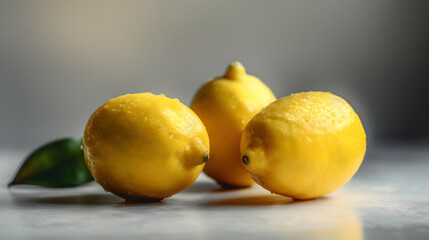 Three lemons close up with leaves on grey background. Generative AI.