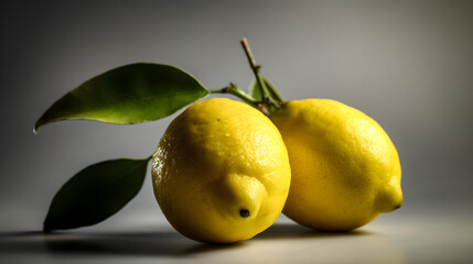 Two lemons close up with leaves on grey background. Generative AI.