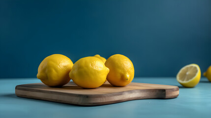 Lemons on a chopping board on a blue background. Generative AI.