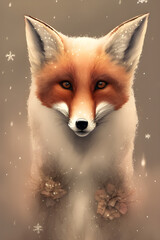 portrait of a red fox in winter on a light background, snow on wool, generative ai