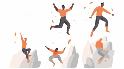 Personagem de homem alegre está subindo no céu, com os braços estendidos e um grande sorriso no rosto, ilustração vetorial