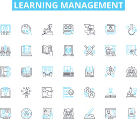 Learning management linear icons set. Education, Curriculum, Assessment, Collaboration, Pedagogy, E-learning, Curriculum design line vector and concept signs. Learning outcomes,Instruction,Competency