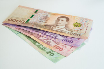Thai baht banknotes. Cash money of Thailand. Thai economy and financial system concept.