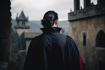 Back view man castle adventure. Generate Ai