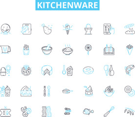 Kitchenware linear icons set. Cutlery, Cookware, Bakeware, Utensils, Dishware, Appliances, Gadgets line vector and concept signs. Containers,Strainers,Mugs outline illustrations