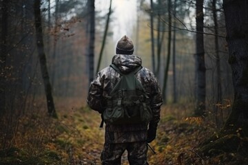 Obraz premium Back view man hunter forest. Generate Ai