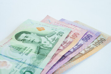 Thai baht banknotes. Cash money of Thailand. Thai economy and financial system concept.
