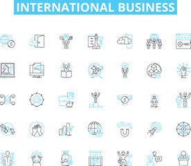 International business linear icons set. Globalization, Exporting, Importing, Multinational, Outsourcing, Trade, Cross-cultural line vector and concept signs. Communications,Relocation,Negotiations