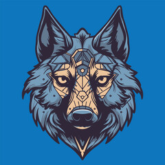 Wolf head vector illustration. Wild wolf head isolated on blue background