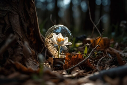 Light bulp with flower inside in forest. Digitally generated AI image