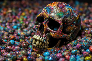 Colorful scull in small marble balls. Digitally generated AI image