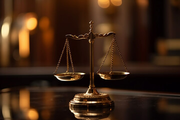 Escala equilibrada dourada brilhante no fundo da biblioteca do tribunal como conceito de justiça e símbolo legal de equidade. Equilíbrio de escala para julgamento justo e isonômico por advogado e proc