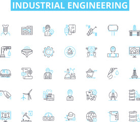 Industrial engineering linear icons set. Manufacturing, Optimization, Automation, Logistics, Quality, Design, Material line vector and concept signs. Production,Ergonomics,Supply outline illustrations