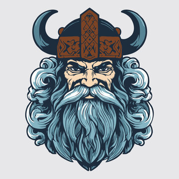 Viking head with horned helmet and beard. Vector illustration