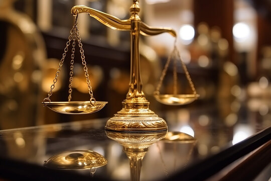 Escala equilibrada dourada brilhante no fundo da biblioteca do tribunal como conceito de justi&ccedil;a e s&iacute;mbolo legal de equidade. Equil&iacute;brio de escala para julgamento justo e ison&ocirc;mico por advogado e proc