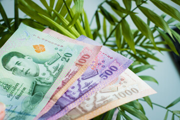 Thai baht banknotes. Cash money of Thailand. Thai economy and financial system concept. - obrazy, fototapety, plakaty