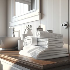 A stack of white towels is on the table in the bathroom. generative AI