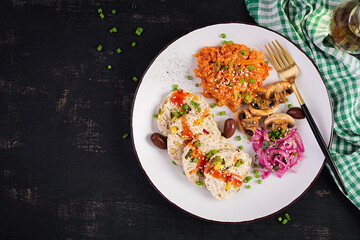 Chicken meatloaf and stewed cabbage, roasted mushrooms. Keto, paleo breakfast. Healthy lunch menu. Keto food. Top view