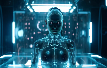Holographic cyborg in digital world. Digitally generated AI image