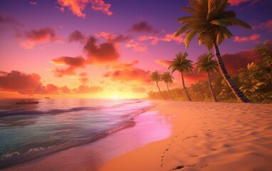 Tropical beach scene sunset. Generate Ai