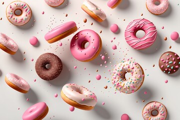Lots of chocolate falling donuts on a white background. donut levitation. Generative Ai - obrazy, fototapety, plakaty