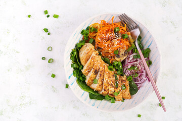 Grilled chicken fillet and carrot pasta. Healthy lunch menu. Keto food. Top view