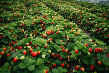 Obraz premium Campo de morango na fazenda de frutas. Morango orgânico maduro fresco