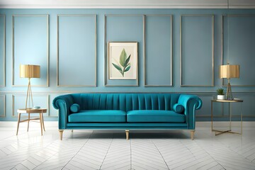 Soft blue sofa on a blue background, 3D illustration. Modern minimalist living room interior detail.
