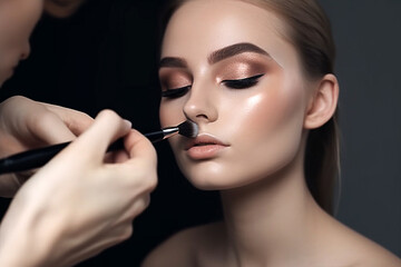 
Artista de rosto aplicando maquiagem no rosto da mulher contra um fundo cinza. produtos cosméticos profissionais