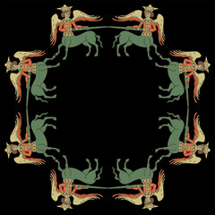 Rectangular ethnic frame with winged warrior centaurs. Russian medieval folk design. On black background.
