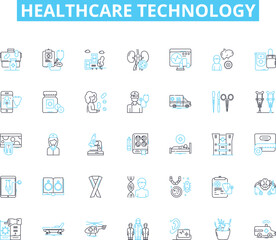Healthcare Technology linear icons set. Telemedicine, Wearables, Electronic health records (EHR), Artificial intelligence (AI), Blockchain, Telehealth, Big data line vector and concept signs. Health